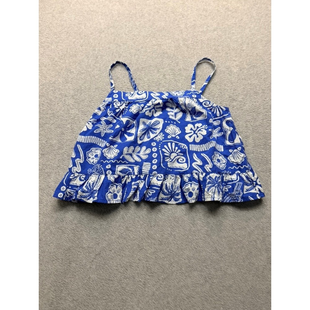 Thereabouts Girls Blue White Tropical Seashell Ruffle Hem Tank Top Size M 10-12
